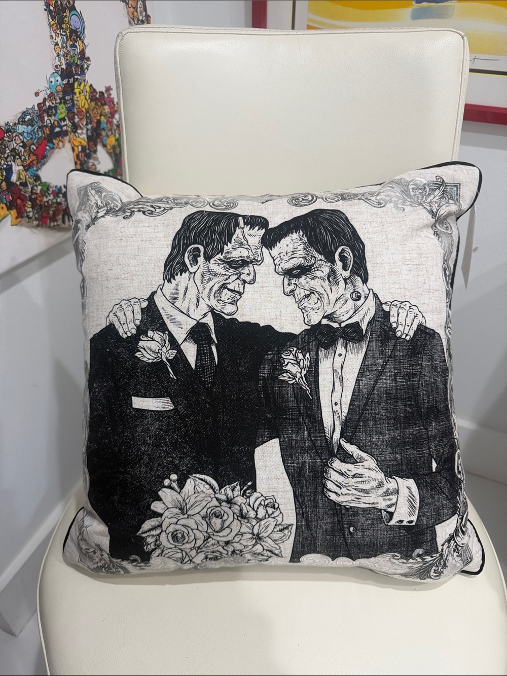 Frankenstein Grooms Decorative Throw Pillow - Black & Cream
